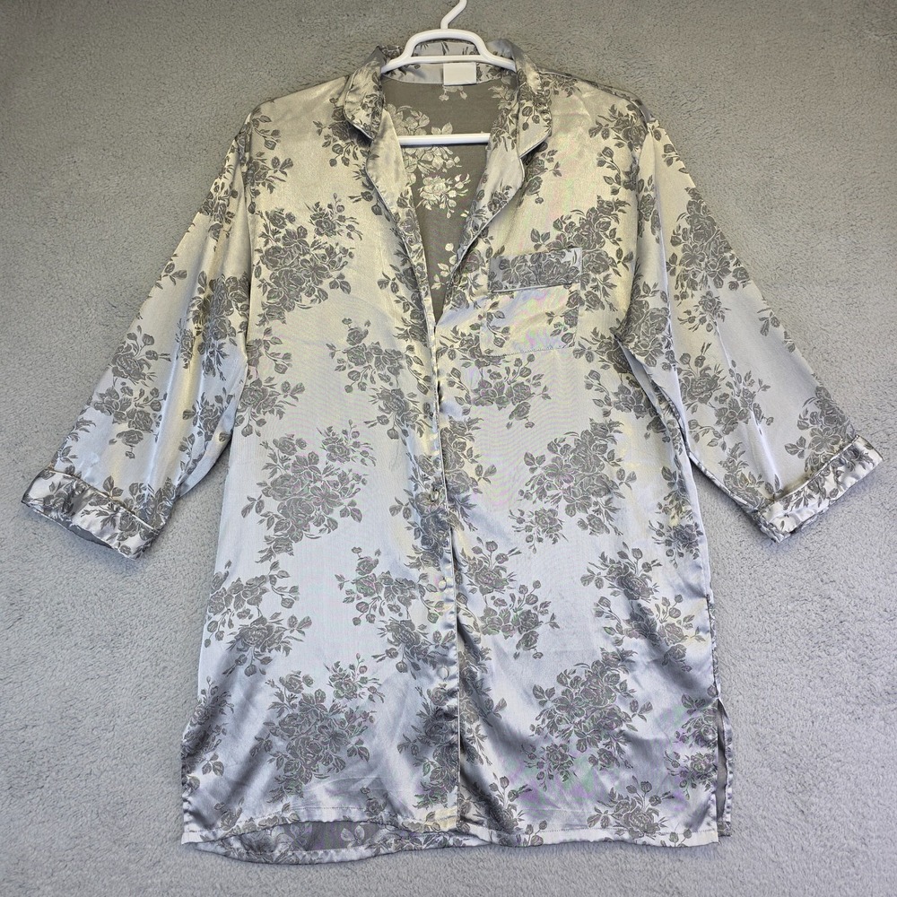 Secret Treasures Nightgown Womens 2XL Silver Button Up Floral Satin‎ Shirt
